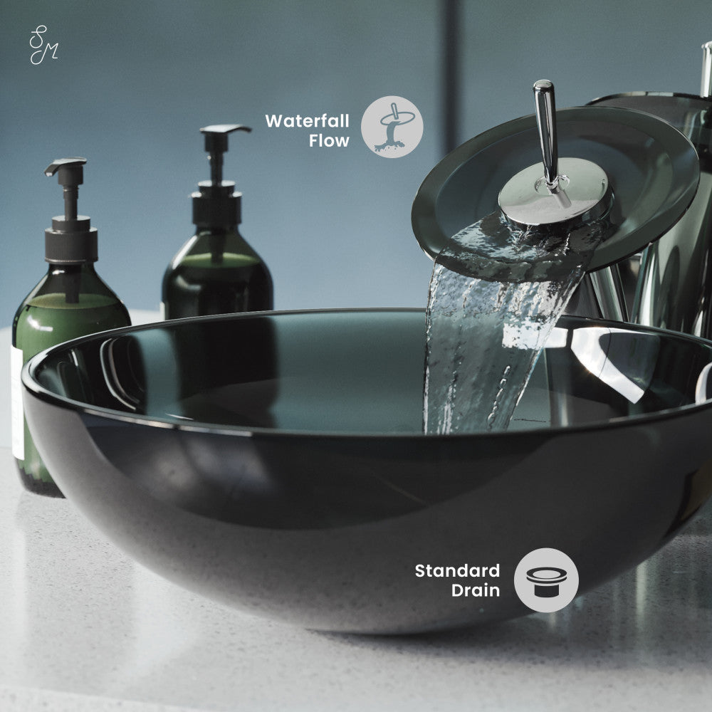 Cascade 16.5 Color Glass Vessel Sink with Faucet, Black