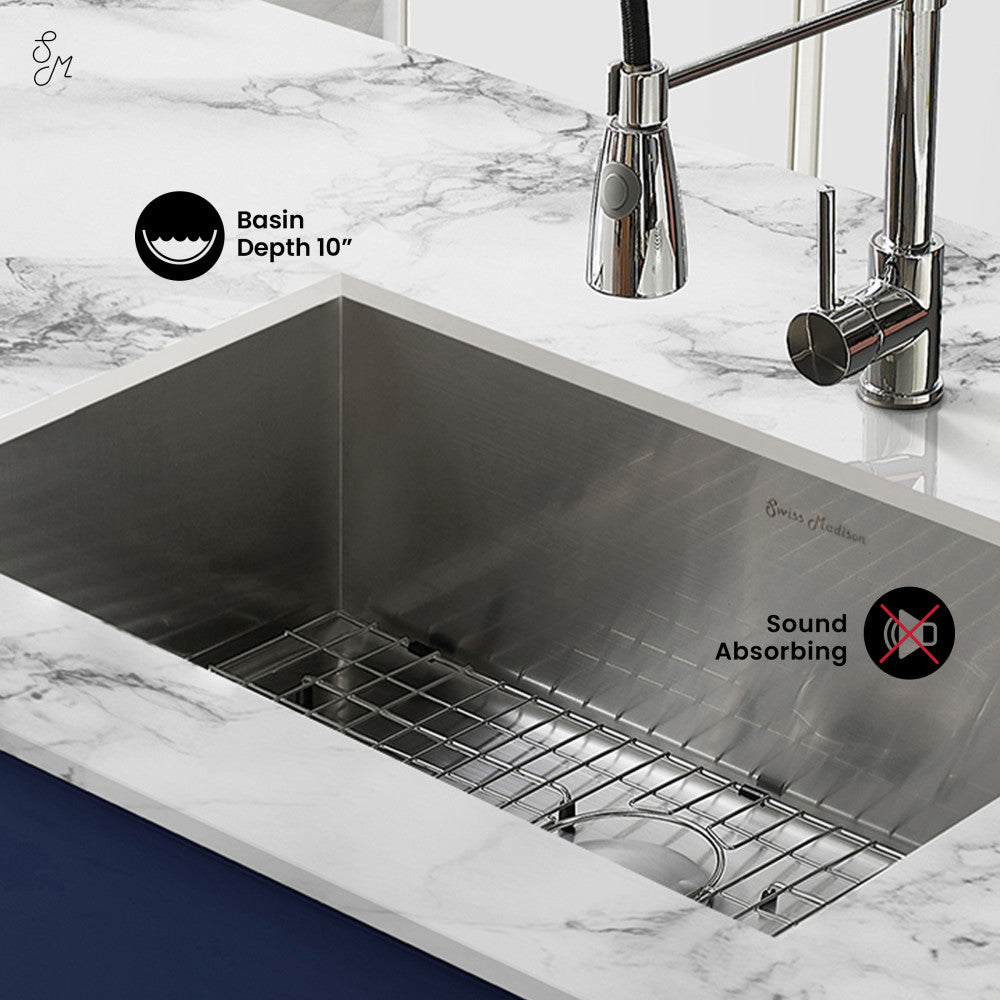 27 x 19 stainless steel undermount single basin kitchen sink with sound-absorbing and 10-inch basin depth.