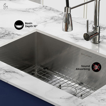 27 x 19 stainless steel undermount single basin kitchen sink with sound-absorbing and 10-inch basin depth.