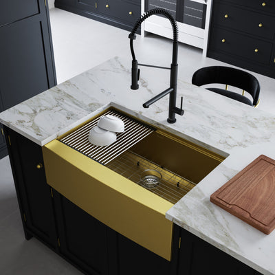 Tourner 33 x 22 Stainless Steel, Single Basin, Farmhouse Kitchen Workstation Sink with Apron in Gold