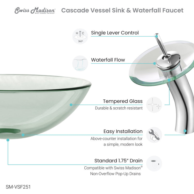 Cascade 16.5 Glass Vessel Sink with Faucet, Clear