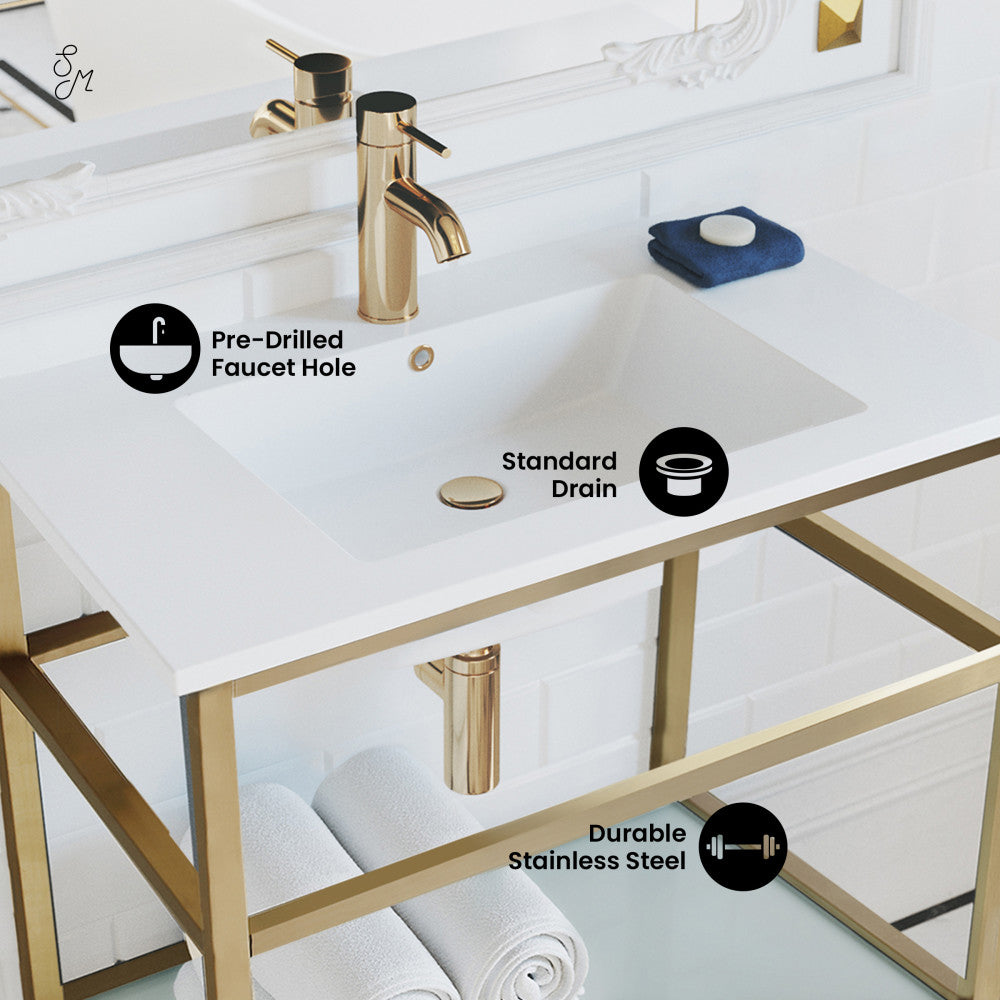 Pierre 30 Single, Open Shelf, Gold Metal Frame Bathroom Vanity