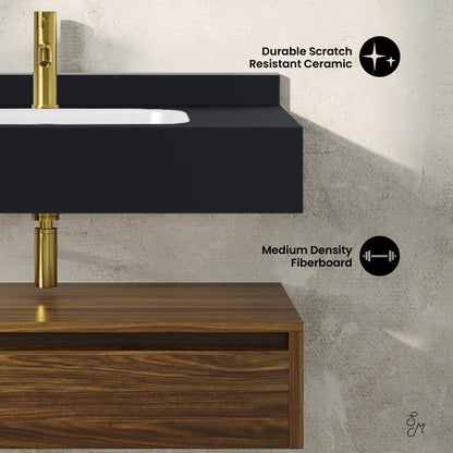 Avancer 36" Wall-Mounted Bathroom Vanity in Brown Oak with Black Marble Sink Top