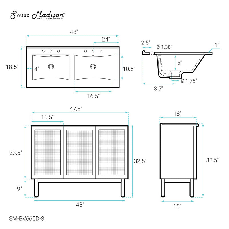 Classe 48 in. Brown Oak, Double Basin Bathroom Vanity With White, 3-Hole Ceramic Sink Top