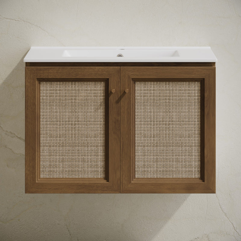 Classe 30" Wall-Mounted Bathroom Vanity in Brown Oak with Single Faucet Hole Vanity Top