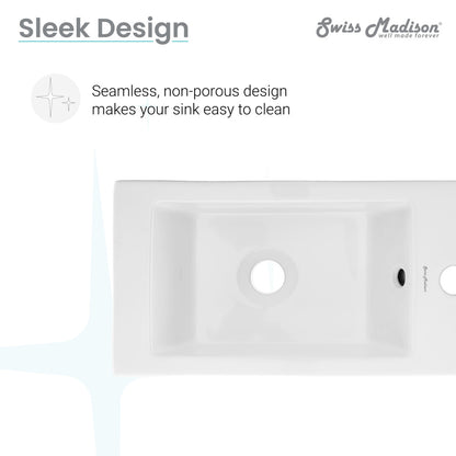 Rectangular white ceramic wall-hung sink with right side faucet mount and seamless design.