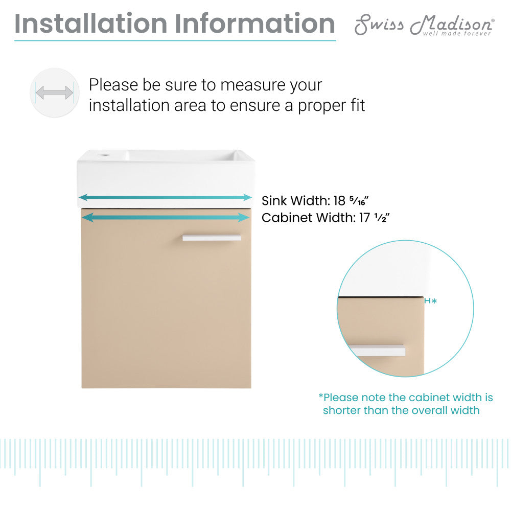 18-inch wall-mounted bathroom vanity in sandstone, single sink, soft-close doors.