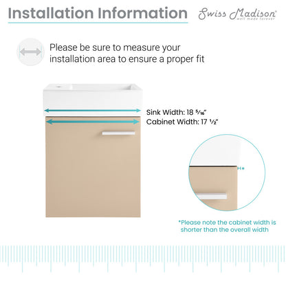 18-inch wall-mounted bathroom vanity in sandstone, single sink, soft-close doors.