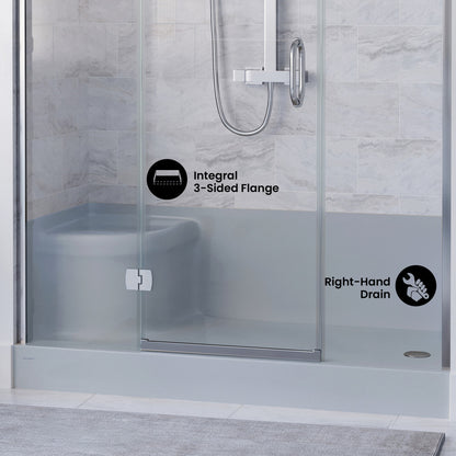 Aquatique 60" x 32" Single Threshold Shower Base With Right Hand Drain and Integral Left Hand Seat in Gray