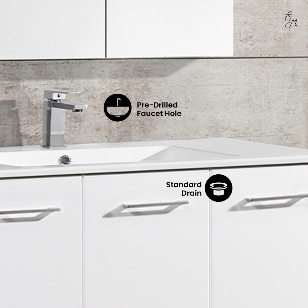 48-inch freestanding white bathroom vanity with single sink and chrome handle soft-close doors.