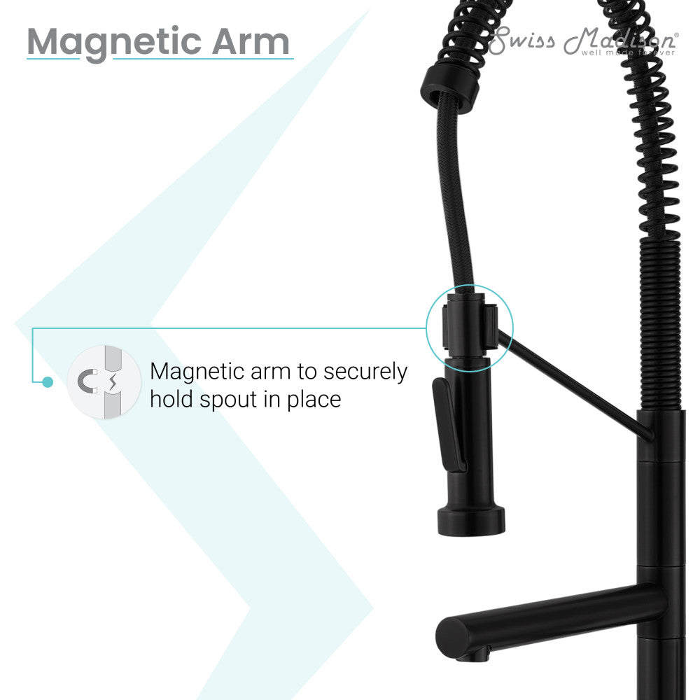 Pull-down kitchen faucet in matte black, single handle, with magnetic arm pot filler.