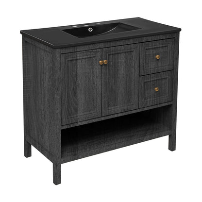 Chateau 36" Freestanding Bathroom Vanity in Black Oak with Black 3-Hole Widespread Sink Top
