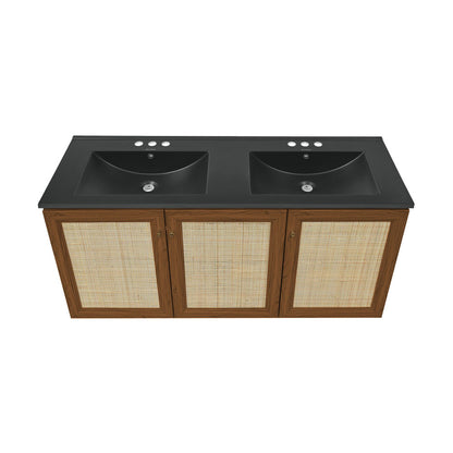 Classe 48" Wall-Mounted Bathroom Vanity in Brown Oak with Black 3-Hole Centerset Double Basin Sink Top