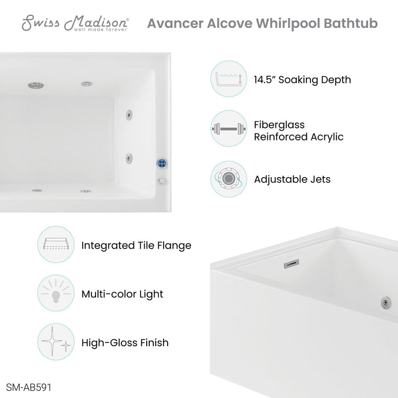 Avancer 60" x 36" Right-Hand Drain Rectangular Alcove Whirlpool Bathtub with Apron