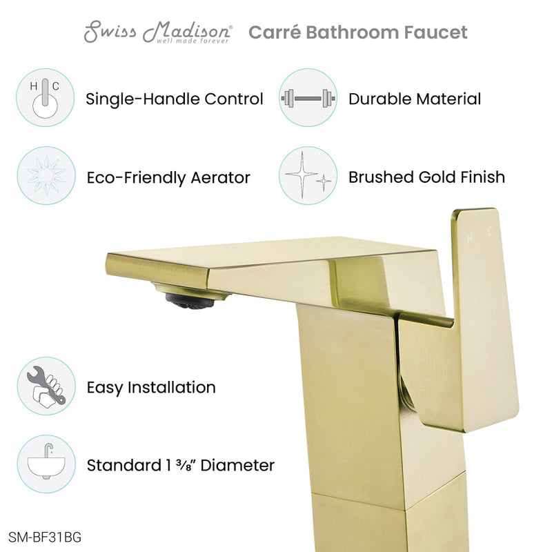 Carre Single Hole, Single-Handle, High Arc Bathroom Faucet in Brushed Gold