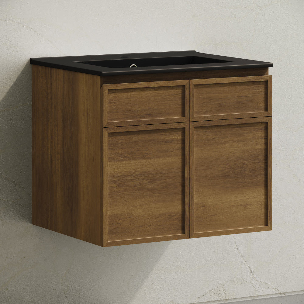 St. Tropez 24" Wall-Mounted Bathroom Vanity in Brown Oak with Black Sink Top