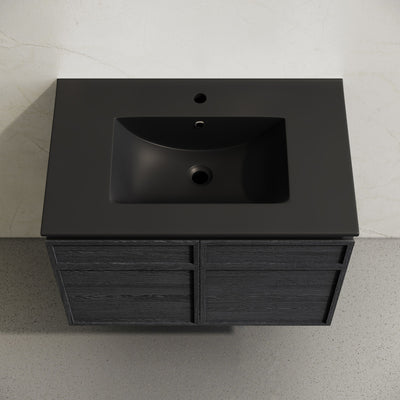 St. Tropez 30" Wall-Mounted Bathroom Vanity in Black Oak with Black Sink Top