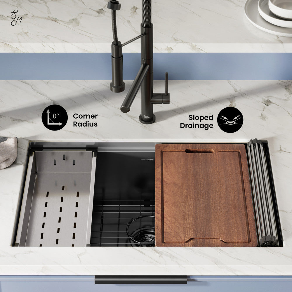 30 x 19-inch black stainless steel undermount single basin kitchen workstation sink with cutting board and drain tray.