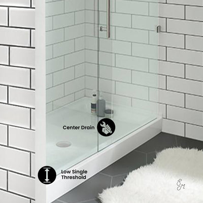 Voltaire 60" x 30" Acrylic White, Single-Threshold, Center Drain, Shower Base