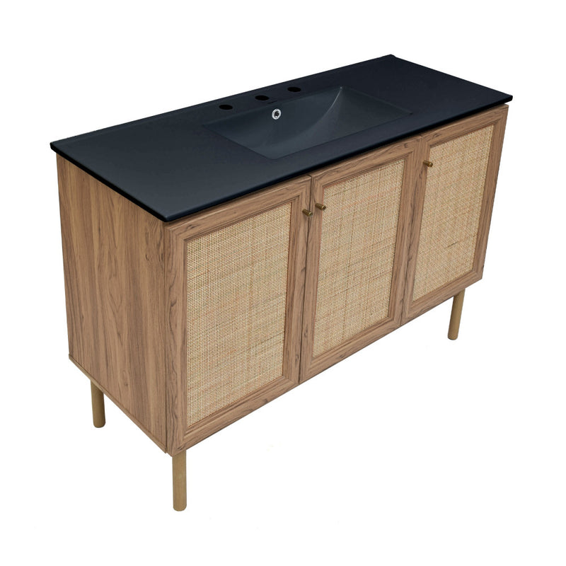 Classe 48 in. Brown Oak Bathroom Vanity With Black, 3-Hole Ceramic Sink Top