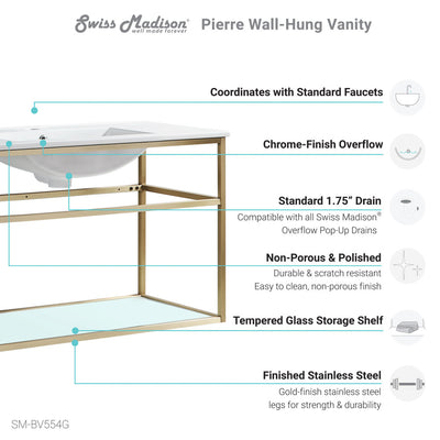 Pierre 48 Single, Open Shelf, Gold Metal Frame Bathroom Vanity