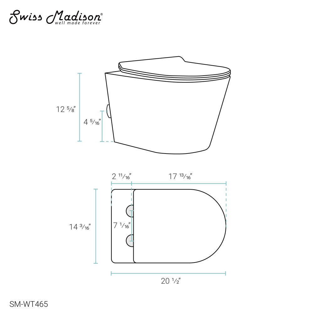 Elongated wall-hung toilet in glossy white with dual flush and compact design.