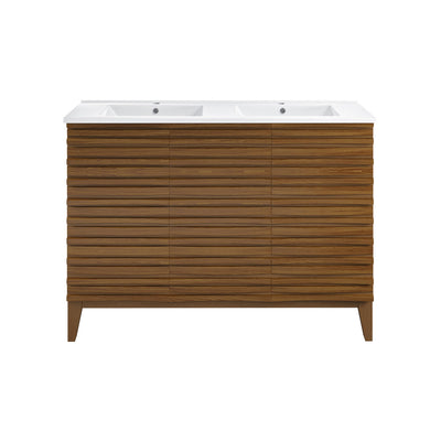 Cascade 48 in. Brown Oak, Double Basin Bathroom Vanity With White Ceramic Sink Top