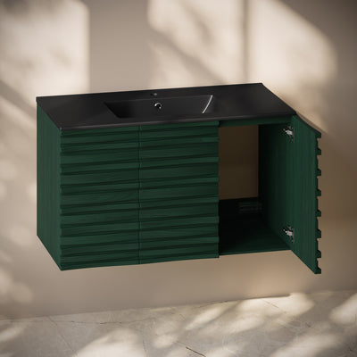 Cascade 36" Wall-Mounted Bathroom Vanity in Green Oak with Black Sink Top