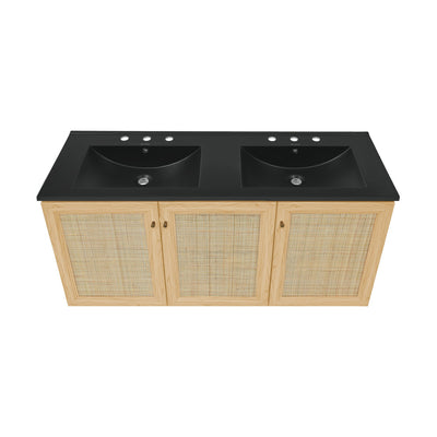 Classe 48" Wall-Mounted Bathroom Vanity in Natural Oak with Black 3-Hole Widespread Double Basin Sink Top