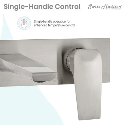 Single-handle, wall-mount bathroom faucet in brushed nickel with rectangular backplate and curved spout.