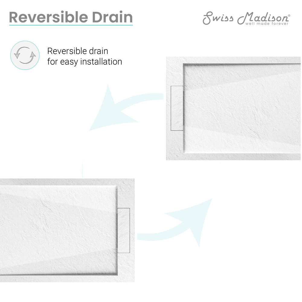 60" x 32" rectangular shower base in white with reversible drain, textured surface, and slight marble pattern.