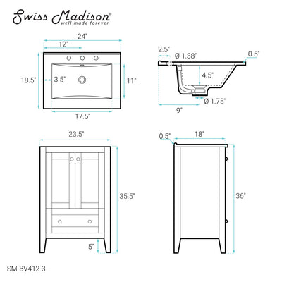 Cannes 24 in. White Bathroom Vanity With White, 3-Hole Ceramic Sink Top