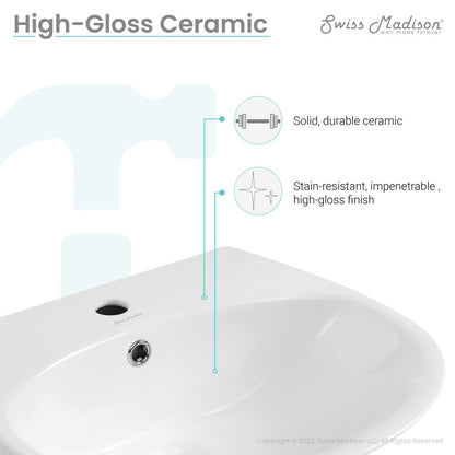 19" wall-mount bathroom sink in high-gloss ceramic with stain-resistant finish and single faucet hole.