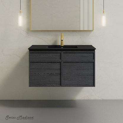 St. Tropez 36" Wall-Mounted Bathroom Vanity in Black Oak with Black Sink Top