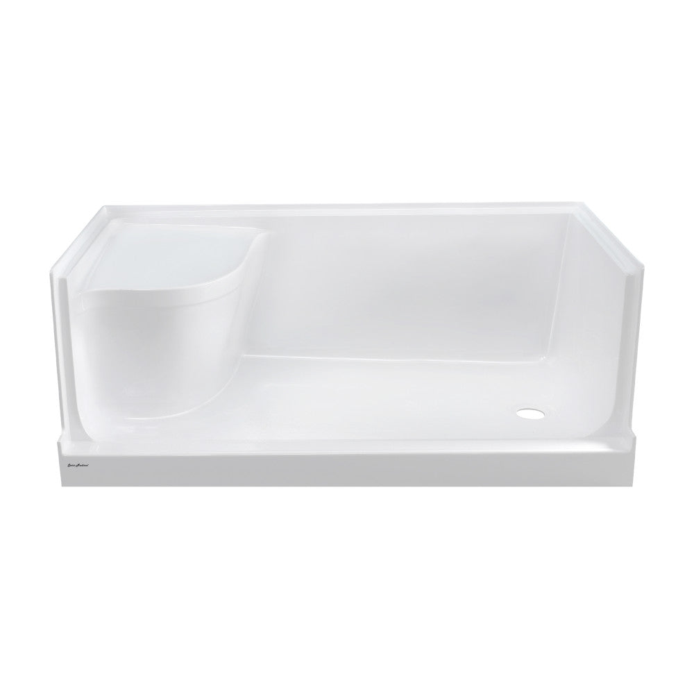 Aquatique 60" x 32" Single Threshold Shower Base With Right Hand Drain and Integral Left Hand Seat in White