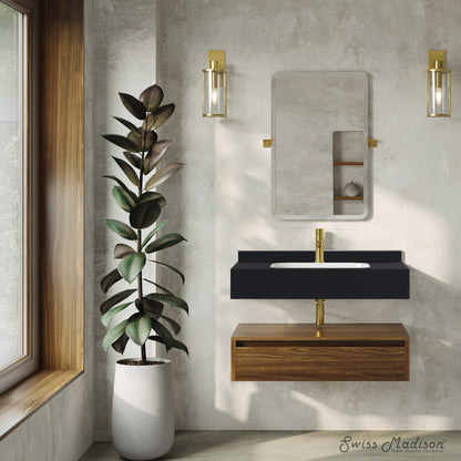 Avancer 36" Wall-Mounted Bathroom Vanity in Brown Oak with Black Marble Sink Top