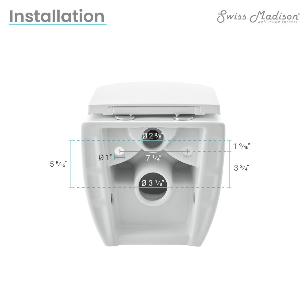 Glossy white wall-hung toilet with elongated bowl, dual flush, and matching flush plate.