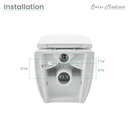 Glossy white wall-hung toilet with elongated bowl, dual flush, and matching flush plate.