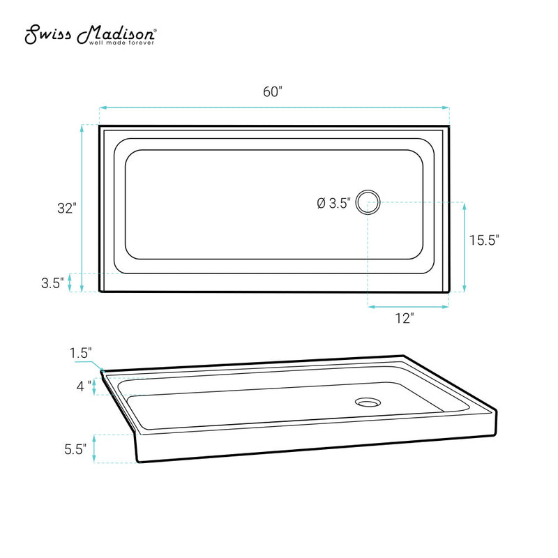 Voltaire 60" x 32" Acrylic White, Single-Threshold, Right-Hand Drain, Shower Base