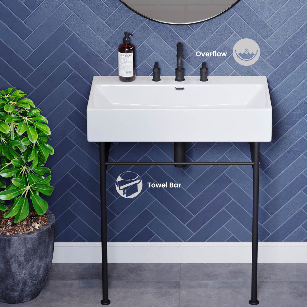 Claire 30" Console Sink White Basin Black Legs with 8" Widespread Holes