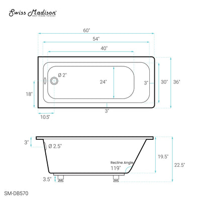 Voltaire 60" x 36" Reversible Drain Drop-In Bathtub