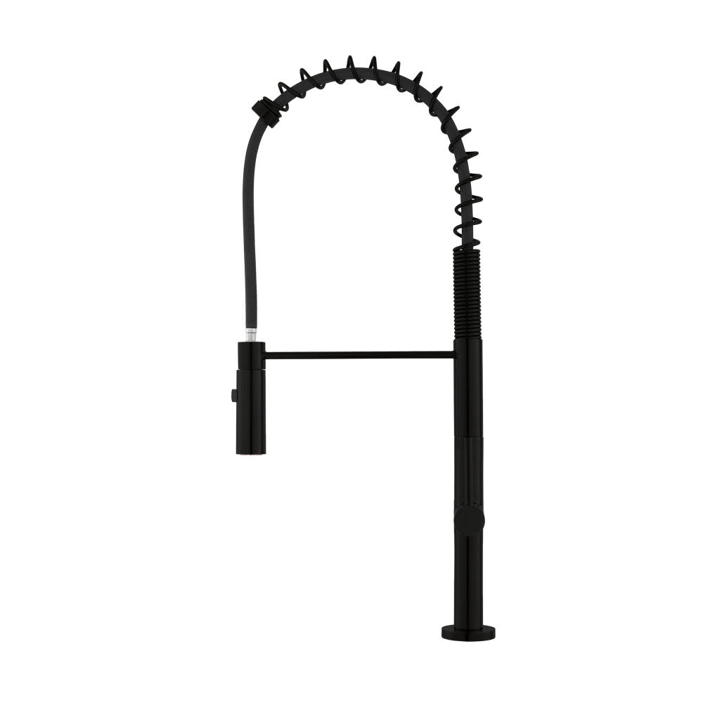 Pull-down kitchen faucet in matte black, single handle, high arc with spring spout design.