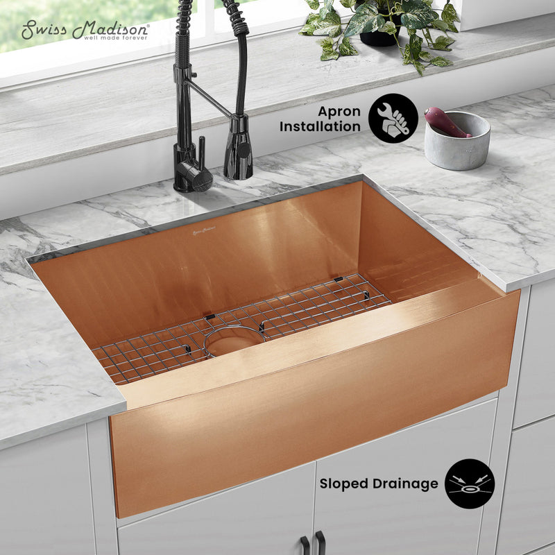 Rivage 30 x 21  Stainless Steel, Single Basin, Farmhouse Kitchen Sink with Apron in Rose Gold