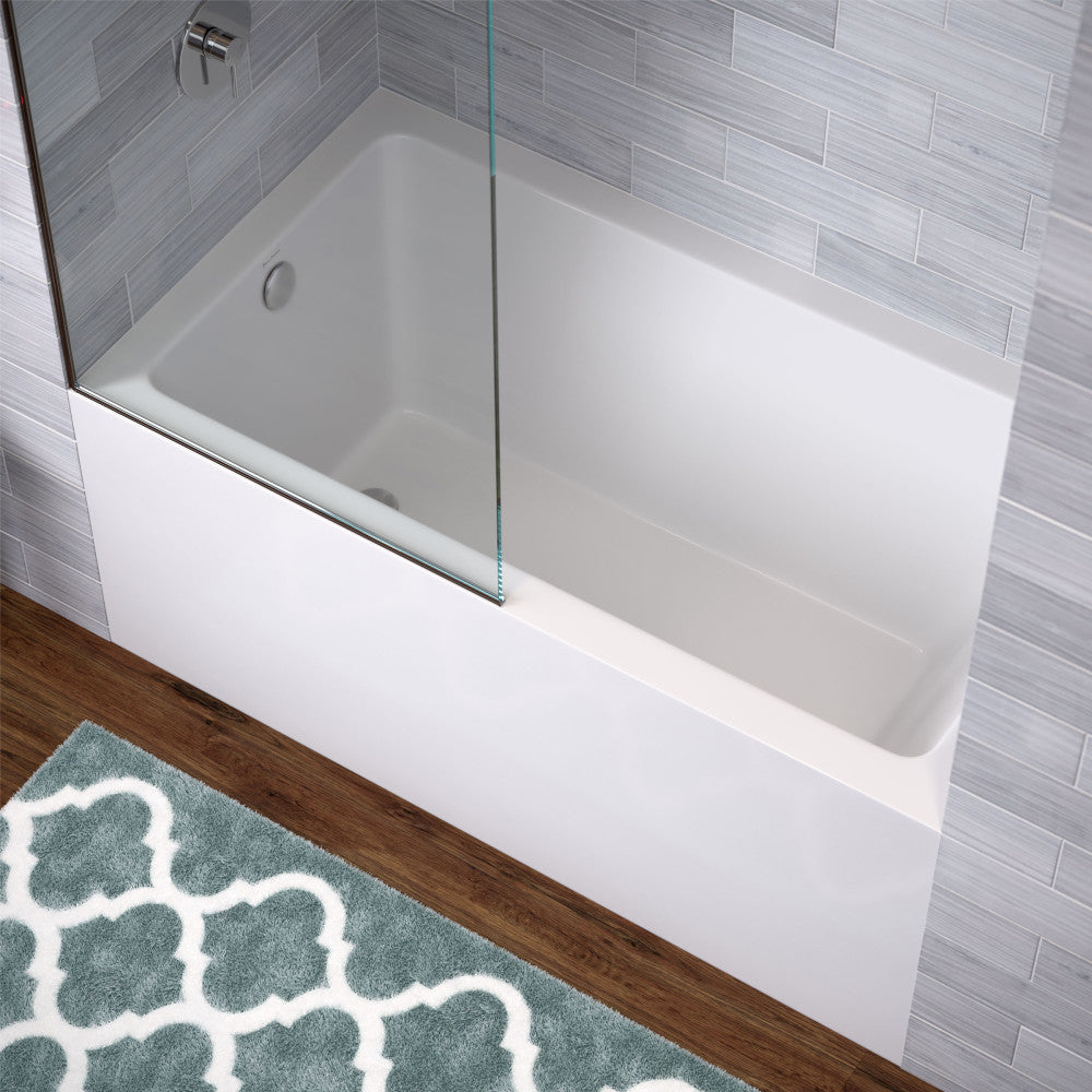 Alcove skirted soaking bathtub 54 x 30 inch in glossy white with left drain and glass shower panel.