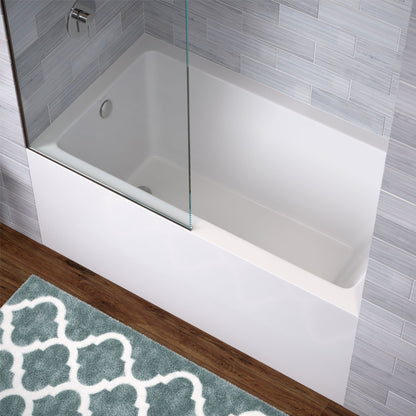 Alcove skirted soaking bathtub 54 x 30 inch in glossy white with left drain and glass shower panel.
