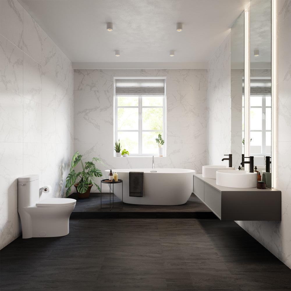 Round white vessel sink with matte black single-handle faucet mounted on wall vanity.