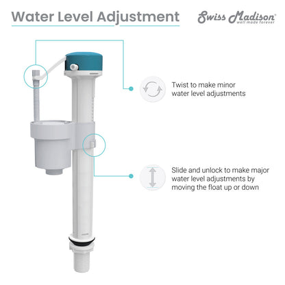 St Tropez fill valve with adjustable water level, white plastic construction for toilet tank replacement.
