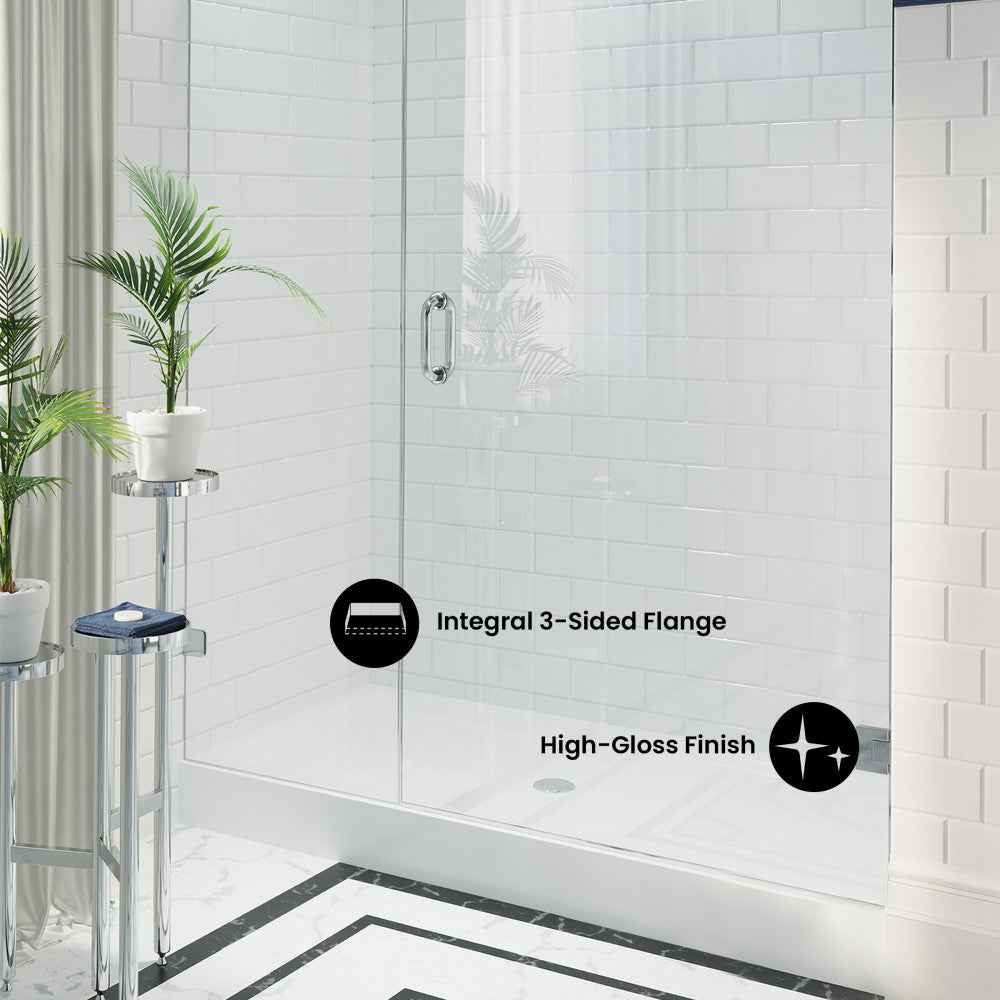 Voltaire 60" x 34" Acrylic White, Single-Threshold, Center Drain, Shower Base
