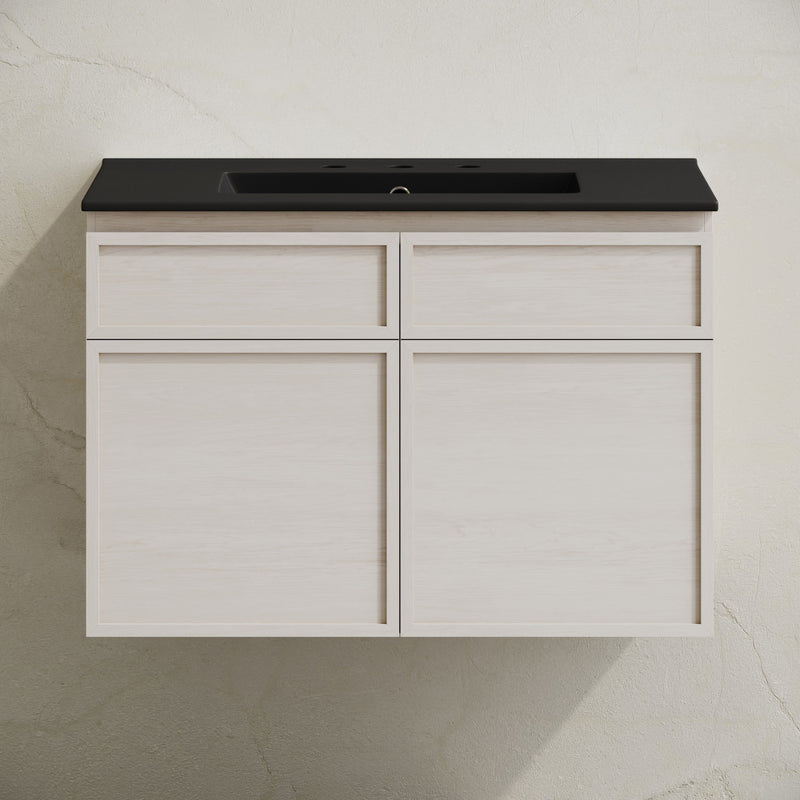 St. Tropez 30" Wall-Mounted Bathroom Vanity in White Oak with Black 3-Hole Widespread Sink Top