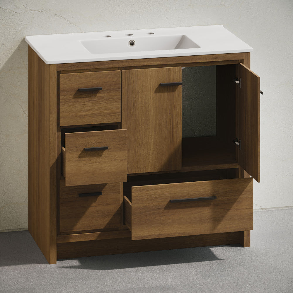 Virage 36" Freestanding Bathroom Vanity in Brown Oak with 3-Hole Widespread Sink Top